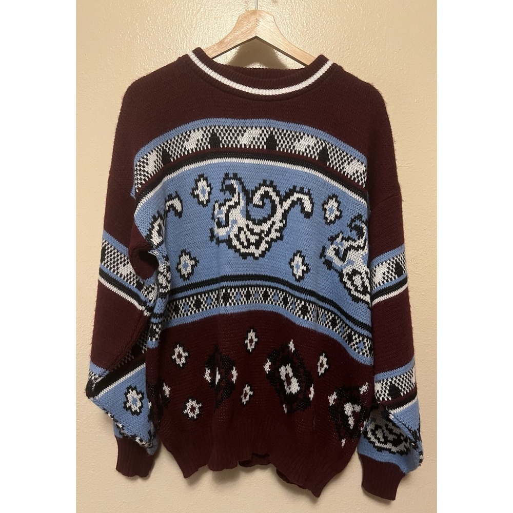 Vtg 90s Towncraft Geometric Sweater Blue Black Maroon White Pullover Men's L USA